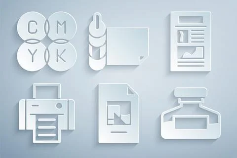 Set File document, News, Printer, Ink bottle, Roll of paper and CMYK color Illustrazione stock