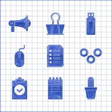 Set File document, Notebook, Cactus and succulent in pot, Gear, Completed task Stock Illustration