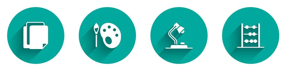 Set File document, Paint brush with palette, Table lamp and Abacus icon with Stock Illustration