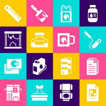Set File document, Paint roller brush, Paper shopping bag, Ink bottle, 3D Stock Illustration
