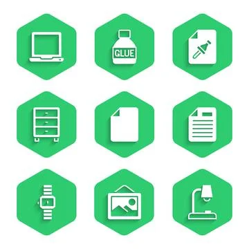 Set File document, Picture landscape, Table lamp, Wrist watch, Archive papers Stock Illustration