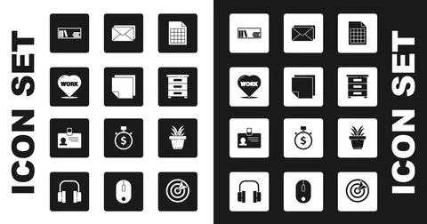 Set File document, Post note stickers, Heart with text work, Shelf books, D.. Stock Illustration