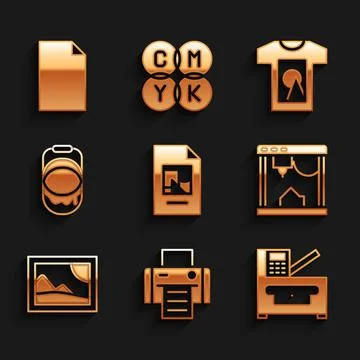 Set File document, Printer, Copy machine, 3D printer, Picture landscape, Paint Stock Illustration