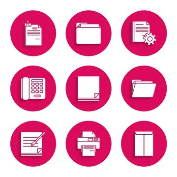 Set File document, Printer, Envelope, Document folder, Blank notebook and pen Illustrazione stock
