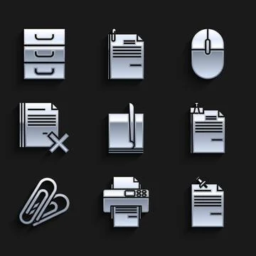 Set File document, Printer, Note paper with pinned pushbutton, and binder clip Stock Illustration
