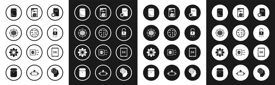 Set File document, Processor, Global technology social network, Voice assistant Stock Illustration