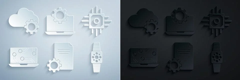 Set File document, Processor, Laptop, Smartwatch, and gear and Cloud technology Stock Illustration