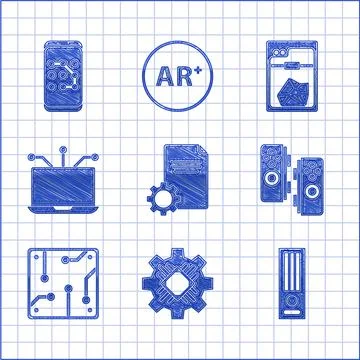 Set File document, Processor, Video game console, Gamepad, Laptop, 3D printer Stock Illustration