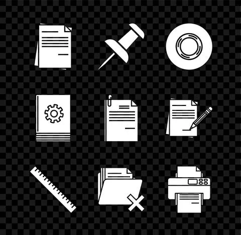 Set File document, Push pin, Scotch, Ruler, Delete folder, Printer, User manual Stock Illustration