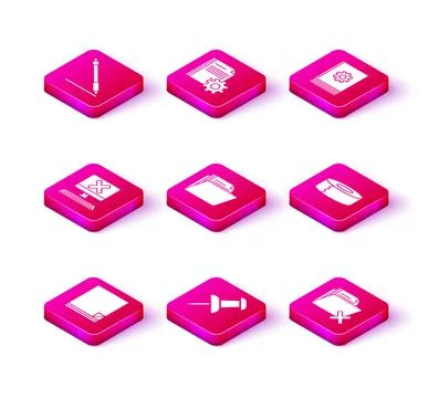 Set File document, Push pin, Computer with keyboard and x mark, Document fold Stock Illustration