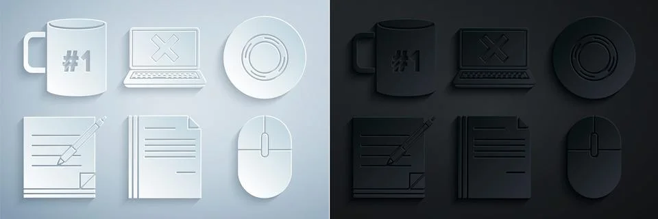 Set File document, Scotch, Blank notebook and pen, Computer mouse, Laptop cross Stock Illustration