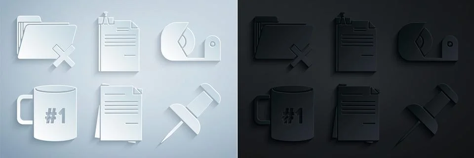 Set File document, Scotch, Coffee cup flat, Push pin, and binder clip and Delete Stock Illustration