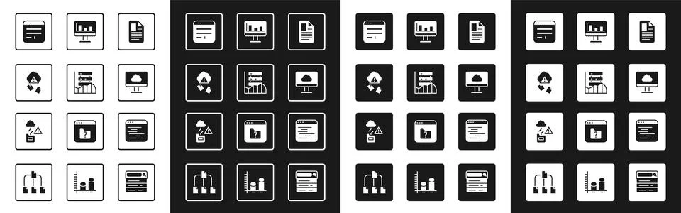 Set File document, Server, Data, Web Hosting, Cloud hacking, Browser window.. Illustrazione stock