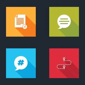 Set File document service, Speech bubble chat, Hashtag speech and Route location Stock Illustration