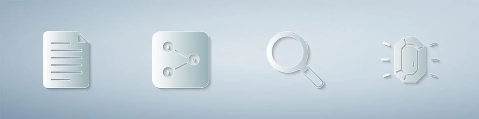 Set File document, Share, Magnifying glass and Diamond. Paper art style. Vect イラスト素材