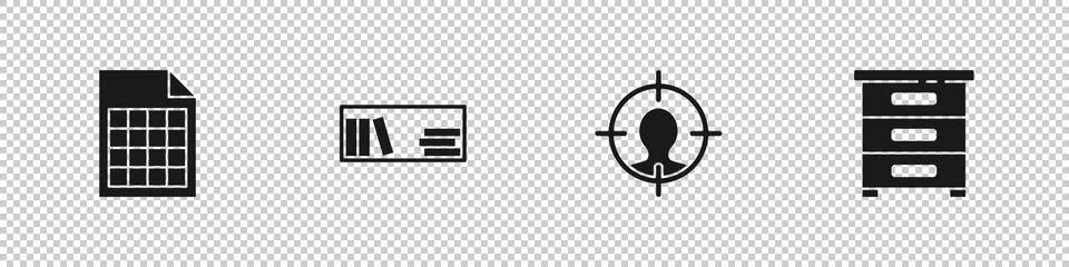 Set File document, Shelf with books, Head hunting concept and Drawer documents Illustrazione stock