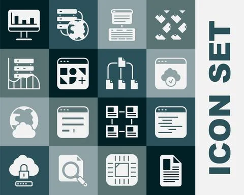 Set File document, Software, Cloud technology data transfer, Server, Data, Web Stock Illustration