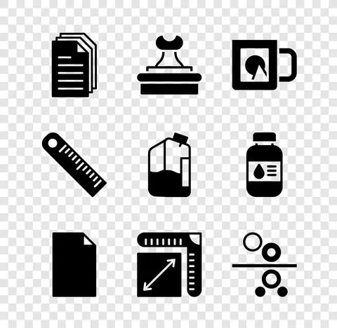 Set File document, Stamp, Coffee cup, Empty, Paper size, roll printing press Stock Illustration
