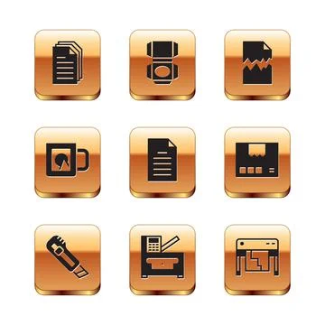 Set File document, Stationery knife, Copy machine, Coffee cup, Torn, Plotter and Stock Illustration