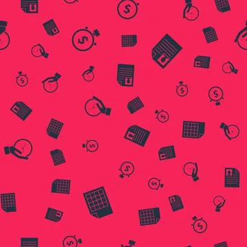 Set File document, Time is money, Clock and Resume on seamless pattern. Vector Illustrazione stock