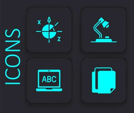 Set File document, Trigonometric circle, Table lamp and Laptop icon. Black sq Stock Illustration