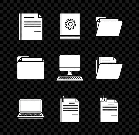 Set File document, User manual, Document folder, Laptop, and paper clip, binder Stockillustratie