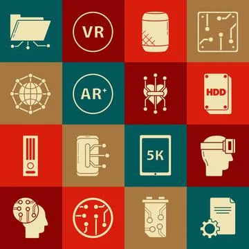 Set File document, Virtual reality glasses, Hard disk drive HDD, Voice assistant Stock Illustration