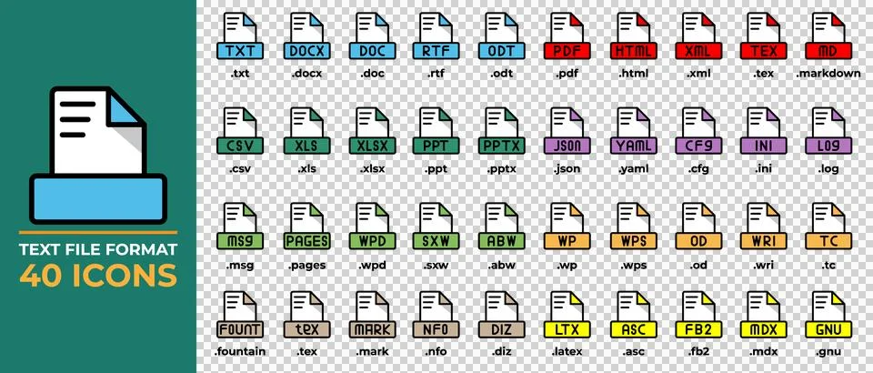 Set File format icons in flat style. txt, ppt, pdf, doc, csv, File format icon.  Stock Illustration