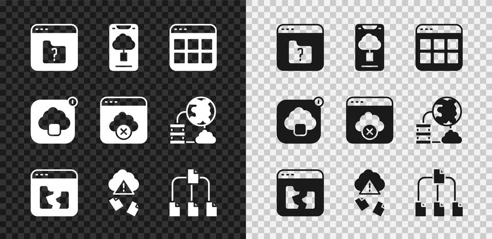 Set File missing, Cloud technology data transfer, Browser files, Broken, hacking Illustrazione stock