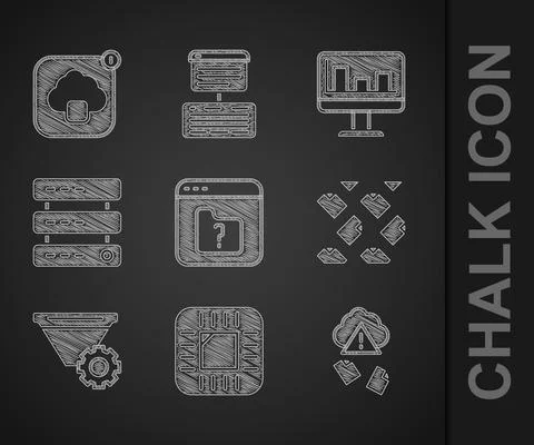 Set File missing, Processor with CPU, Cloud hacking, Data stream, Filter setting Illustrazione stock