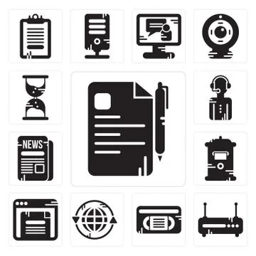 Set of File, Router, Vhs, Earth grid, Browser, Mailbox, Newspaper, News repor Free Stock Illustration