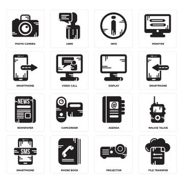 Set of File transfer, Projector, Smartphone, Agenda, Newspaper, Display, Info Illustrazione stock gratuita