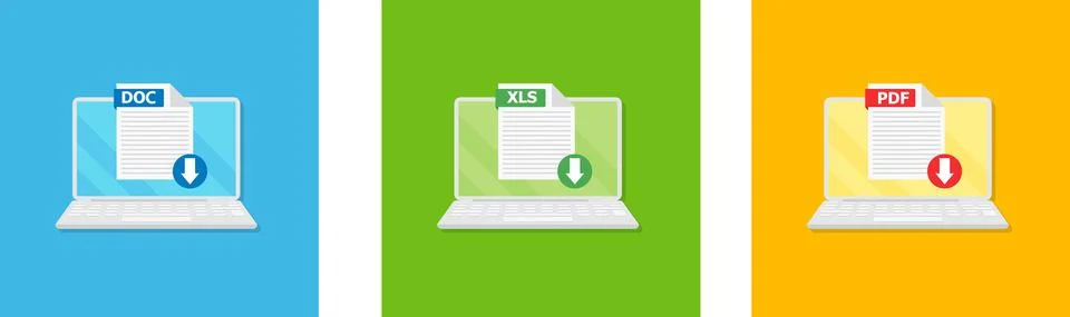Set of file type. Download Format and extension of documents. PDF, DOC, and X Stock Illustration