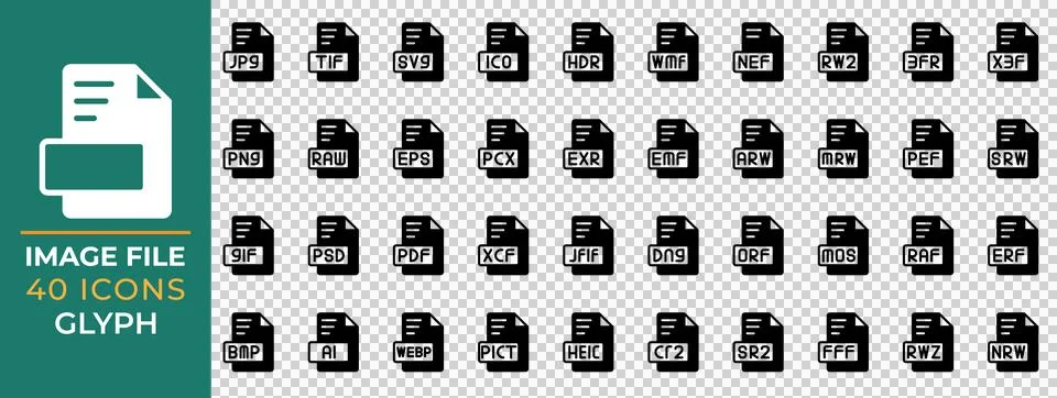 Set file type Image icons, Glyph Style Format data extension icons collection.  库存插图