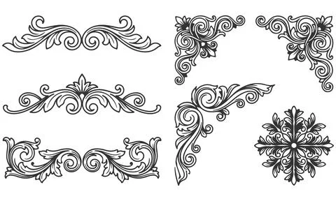 Set of filigree flourishes decorative elements for classic frames and borders Illustrazione stock