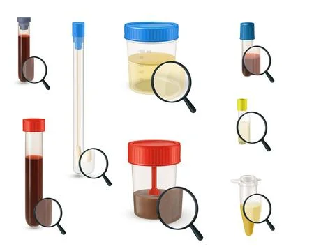 Set of filled containers for laboratory analysis, with a magnifying glass, blood Illustrazione stock