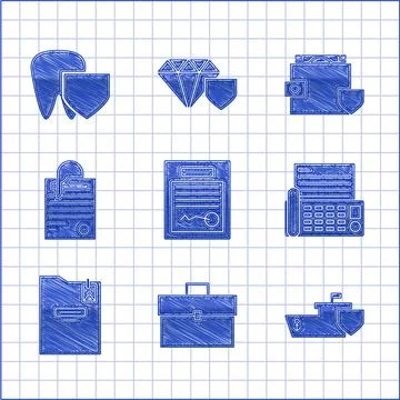 Set Filled form, Briefcase, Ship with shield, Fax machine, Personal folder,.. 스톡 일러스트