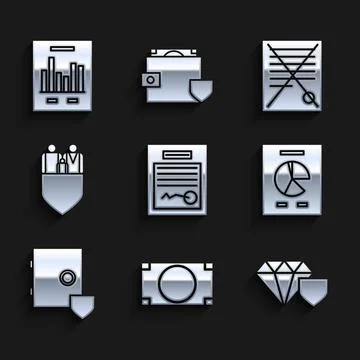Set Filled form, Stacks paper money cash, Diamond with shield, Document graph Illustrazione stock