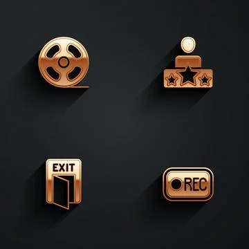 Set Film reel, Actor star, Fire exit and Record button icon with long shadow Stock Illustration