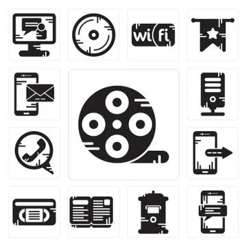 Set of Film reel, Smartphone, Mailbox, Open book, Vhs, Phone call, Server, Sm Stock Illustration