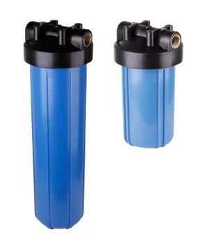 Set Filter flask blue, plastic water purification. Isolated white background Stock Photos