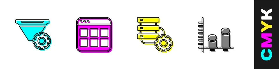 Set Filter setting, Browser files, Server and gear and Data analysis icon 스톡 일러스트