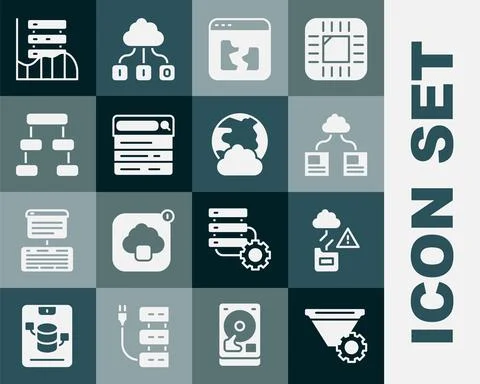 Set Filter setting, Cloud technology data transfer, Broken file, Search engine Stock Illustration