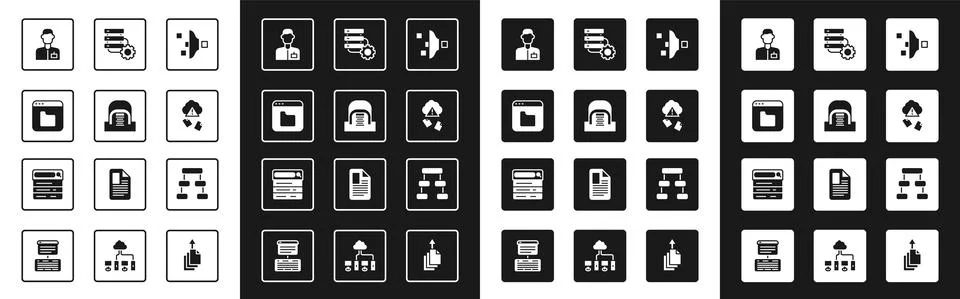 Set Filter setting, Hangar with servers, Browser files, Analyst engineer, Cloud Stock Illustration