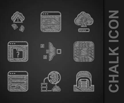 Set Filter setting, Network cloud connection, Hangar with servers, Processo.. Illustrazione stock