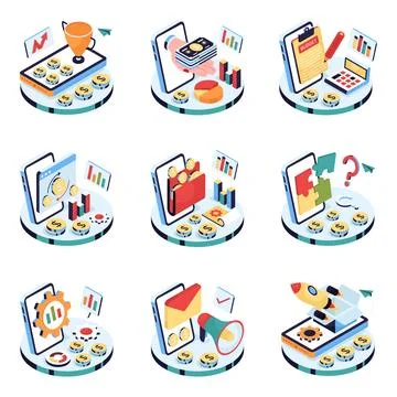 Set of Finance and Analytics Isometric Illustrations Stock Illustration
