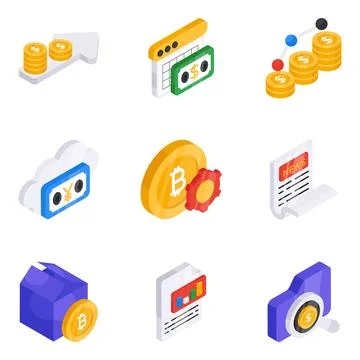 Set of Finance and Data Flat Isometric Icons Stock Illustration