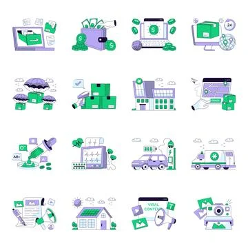 Set of Finance and Security Flat Line Illustrations Stock Illustration