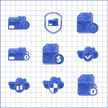 Set Finance document, Cloud and shield, Document lock, with check mark, download Stock Illustration