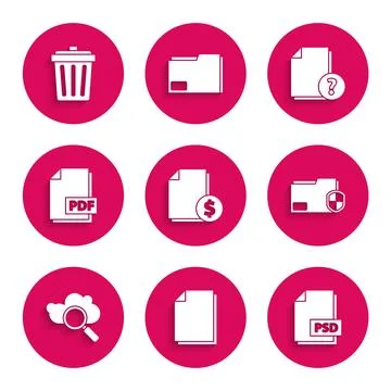 Set Finance document, Document, PSD file, folder protection, Search cloud Illustrazione stock